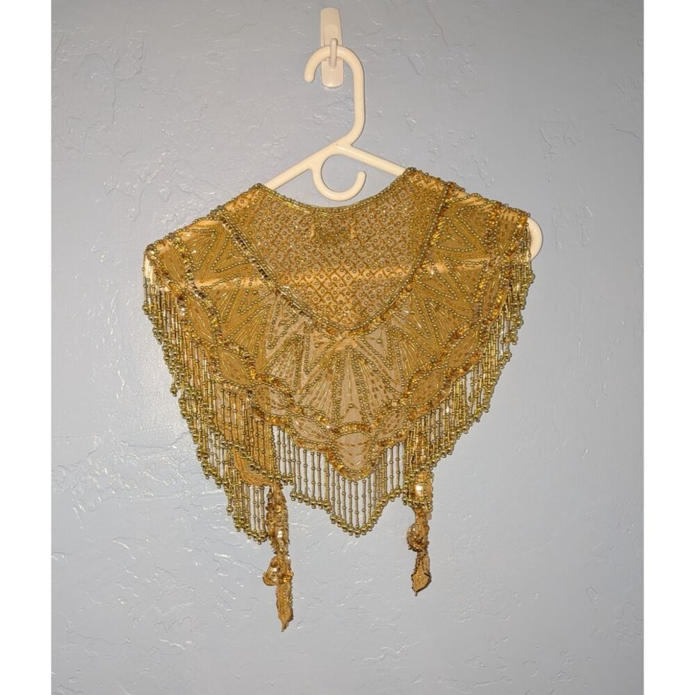 Gold Beaded Fringe Shawl Wrap New Years Christmas Party Festive - Picture 2 of 12